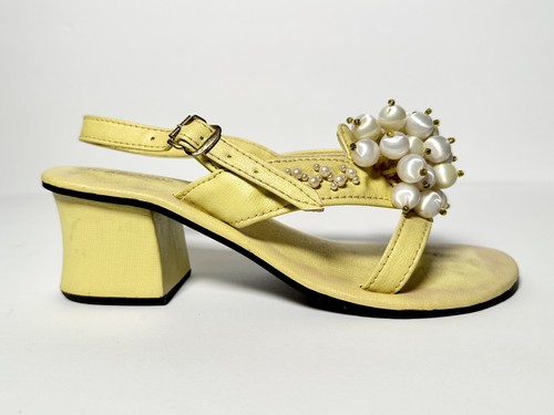 Vintage 1960s 1970s Vagabonds Pearl Beaded Satin Ball Sandal Heel Shoes Yellow 7 - Picture 17 of 22