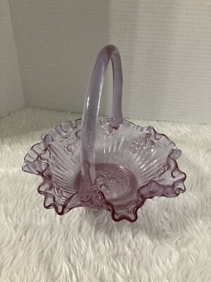 Vtg Fenton Cabbage Rose Lavender Basket With Handel 7.5   Excellent  Condition