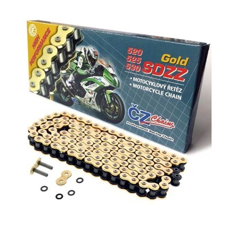 Chaîne de moto CZ 525 SDZZ super renforcée or de 122 maillons à joints X-Ring