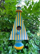 Hand Made Hanging Pyramid Wooden Bird Box Nest Box Orange & Blue  INC UK DEL