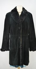 Utex Trench Coat Winter Knee Jacket Black Leather Suede Rabbit Fur Trim Sz M Vtg