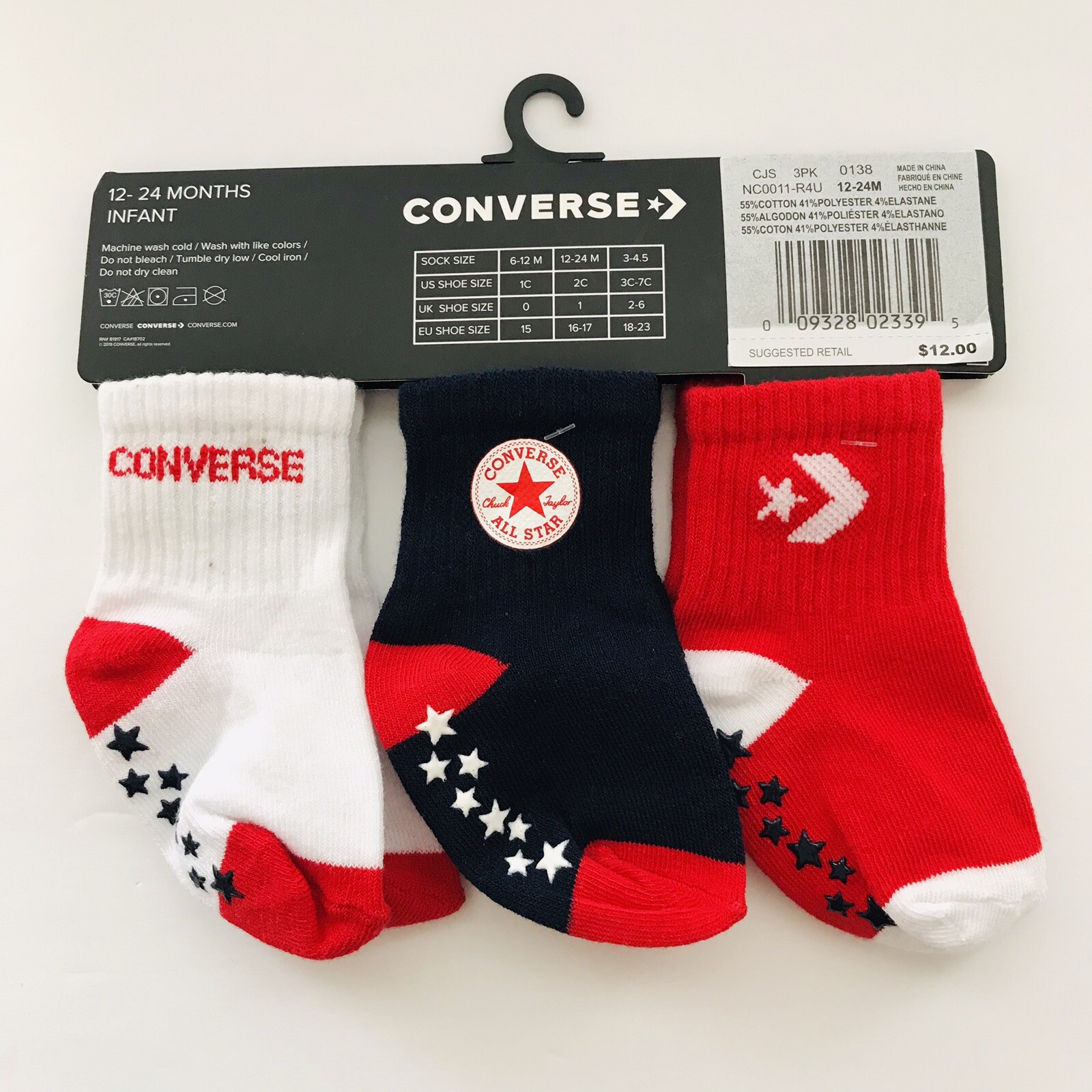 PONY Set Calze Converse Bambino Rosso Bianco Blu Colore Blocco Tacco Cotone Grippy 12 24 MO