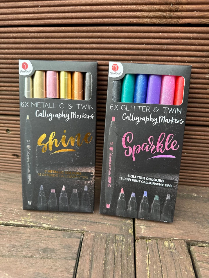 DECOTIME Calligraphy Markers / 6 Stück Zweiseitig mit 12 Tips/ Glitter, Metallic & Twin