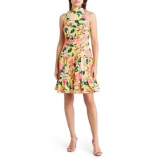 ELIZA J NWT ($148) Yellow Floral Sleeveless Mock Neck Dress 14W