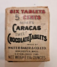 1880s Baker's Caracas Sweet Chocolate Tablets Box Walter Baker & Co Antique Rare