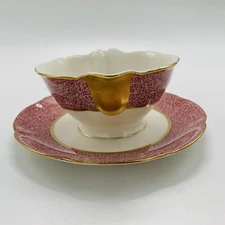 Haviland "Mezzatint" Pink Red Gravy Boat with Attached Underplate EUC