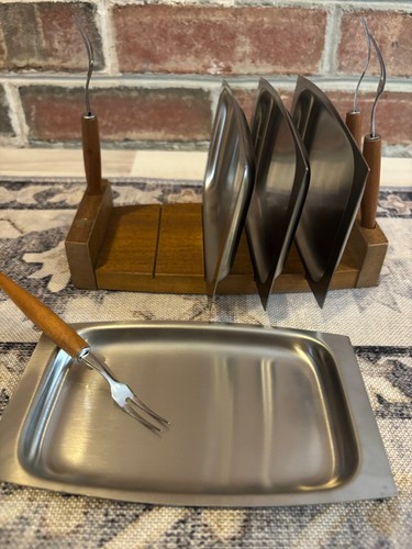 MCM Snack Tablett mit Serviergabeln Japan Vorspeisengabel Set Holzständer NOS - Bild 3 von 7