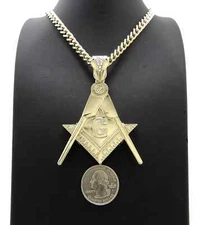 Hip Hop Large Masonic Iced Cubic Zirconia Pendant & Cuban Chain Bling Necklace