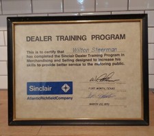 Vintage Sinclair Arco Atlantic Richfield Dealer Training Certificate 1970