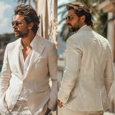 Linen Business Men Suits Spring Summer Wear Slim Fit Notch Lapel Single Breasted