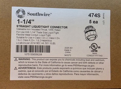 5 Southwire 1-1/4'' 1.25'' Liquid Seal Tight Sealtite Tight Straight Connector 