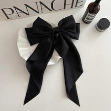 Black Satin Bow Hair Clip Long Ribbon Tail Barrette Womens Hair Accessory