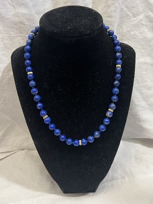 18 Zoll Natürlicher Lapislazuli & 14 Karat Gelbgold Perlen Halskette 8 mm Handgeknüpft