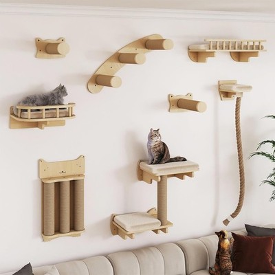 8Pcs Cat Wall Climbing Set,Wood Cat Furniture with Scratching Posts,Kitten Perch