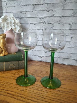 Vtg Luminarc France Emerald Green Long Stem Wine Cordial Glasses Set of 2  6.5''