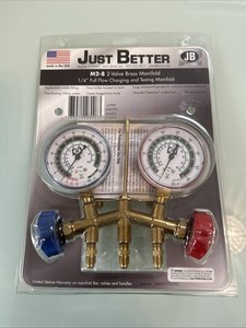 JB Industries 2-Valve Brass Manifold 1/4" Full Flow Hoses Charging & Testing