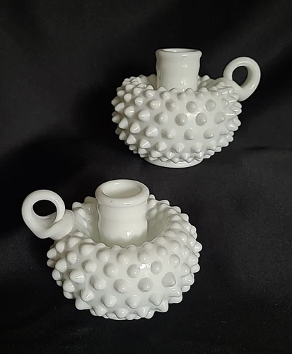 Pair of Fenton Hobnail Fairy Lamp Milk Glass Finger Loop Candlestick Holder s/2