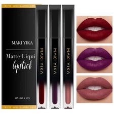 3Pcs Matte Liquid Lipstick Set Dark Red Purple Nude Long Lasting Smudgeproof