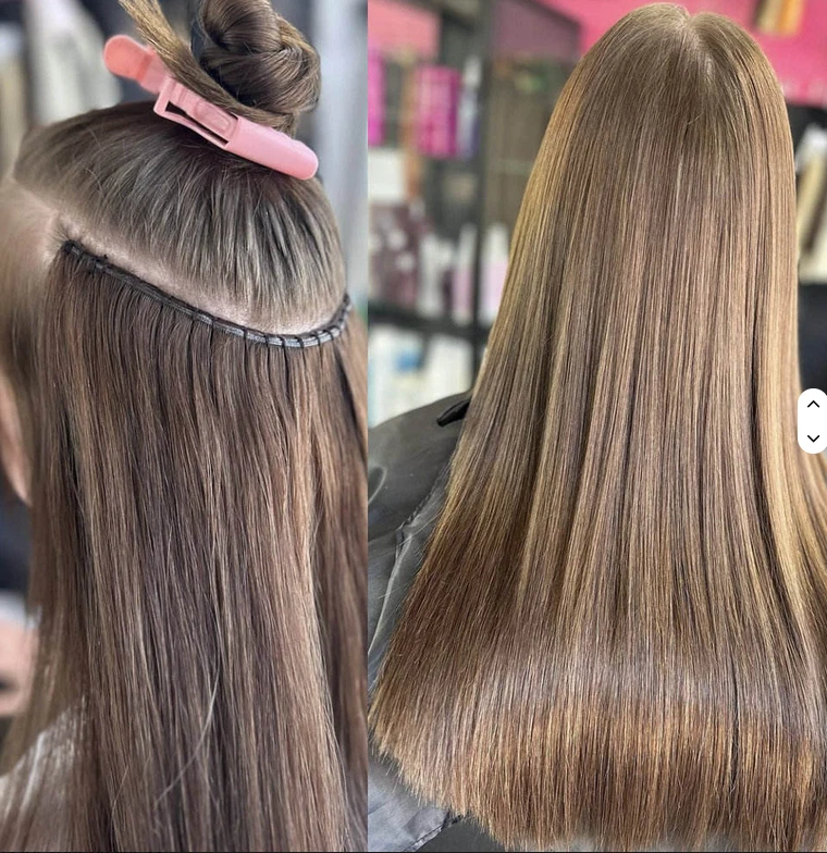 Extensiones de cabello humano 100 % Remy trama natural recta Genius trama atada a mano 100 g Foto 3 de 4