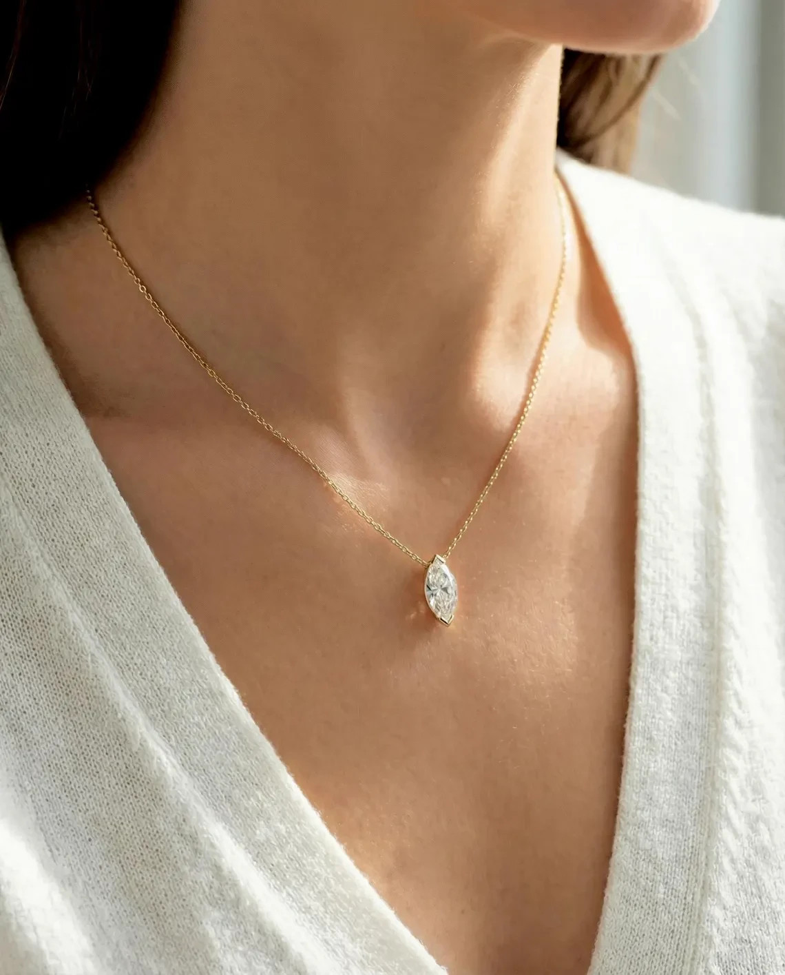 1 CT Marquise Cut Lab Grown Diamond Pendant Necklace In 10k Yellow Gold Women's