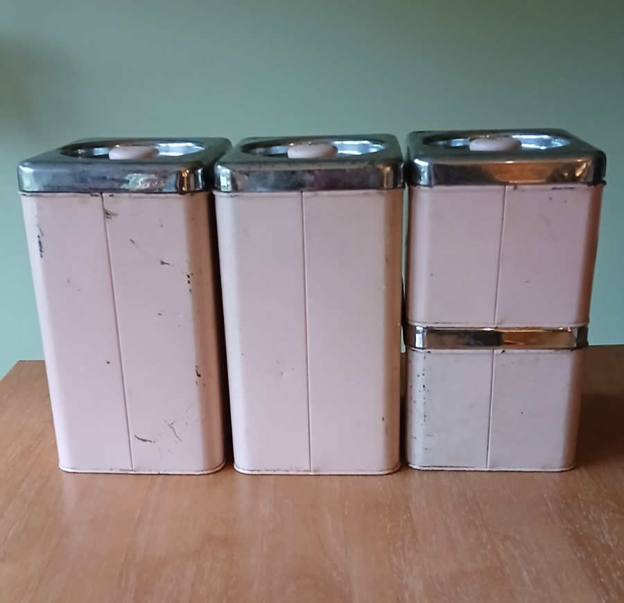 Vintage Lincoln Beautyware Metal Pale Pink & Chrome Canisters Set