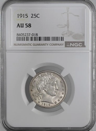 1915-P  25C  BARBER SILVER QUARTER  "PHILADELPHIA"  NGC AU58  #8405237-018