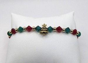 Authentic Gold Plated Pewter Christmas Tree, Red & Green Crystal Bead Bracelet, Box