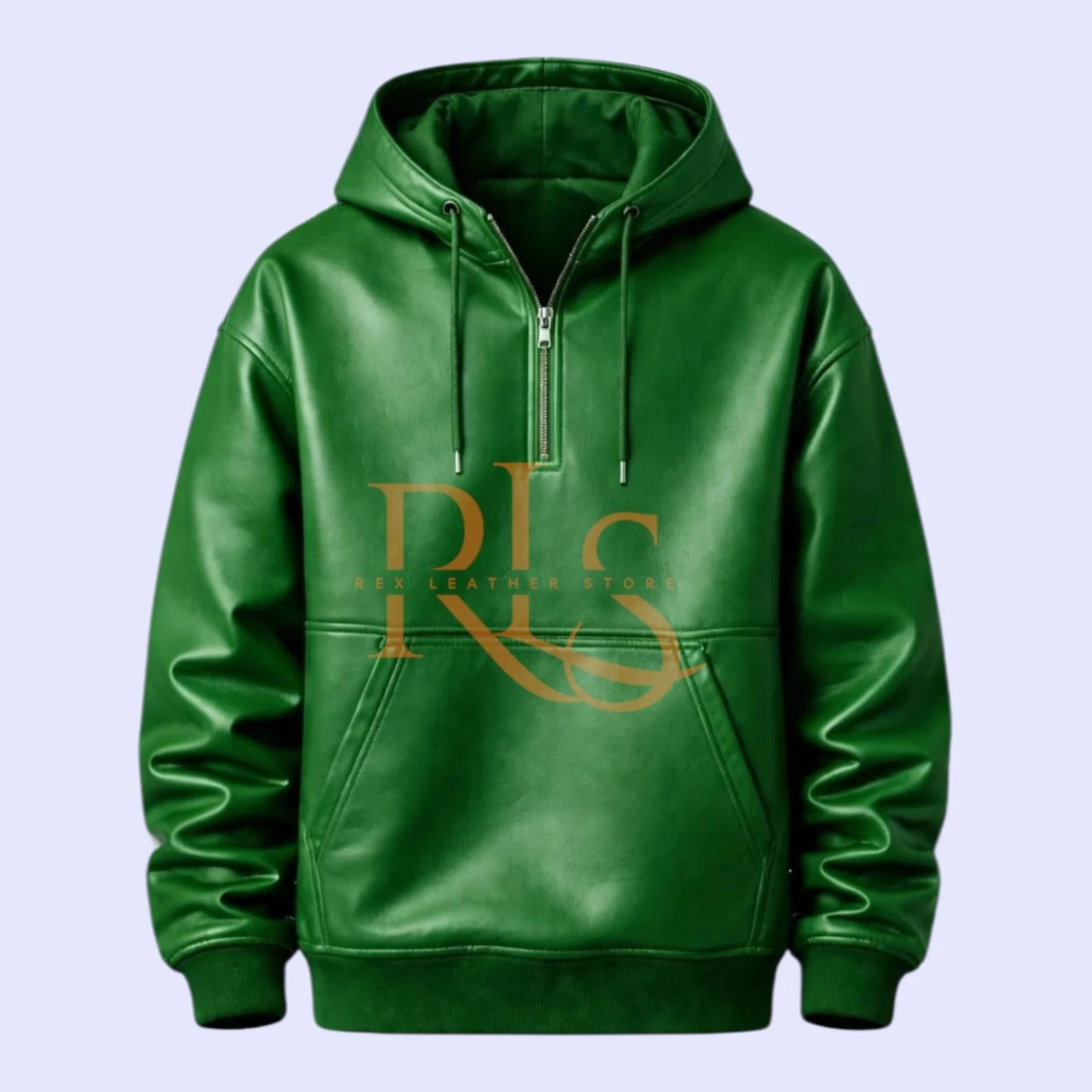 Men’s Dark Green Pullover Leather Hoodies – Lambskin Leather Zip Closure Hoodies