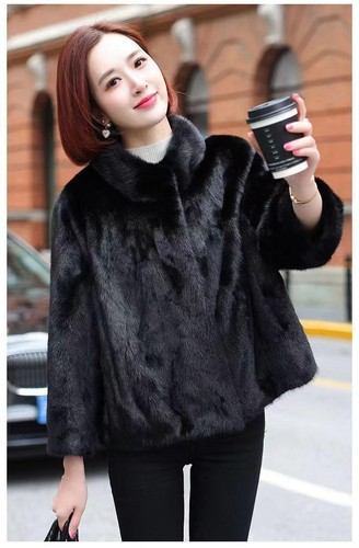 Abrigos cortos de piel sintética manga 3/4 informales de vestir de invierno con cuello alto para mujer - Imagen 5 de 9