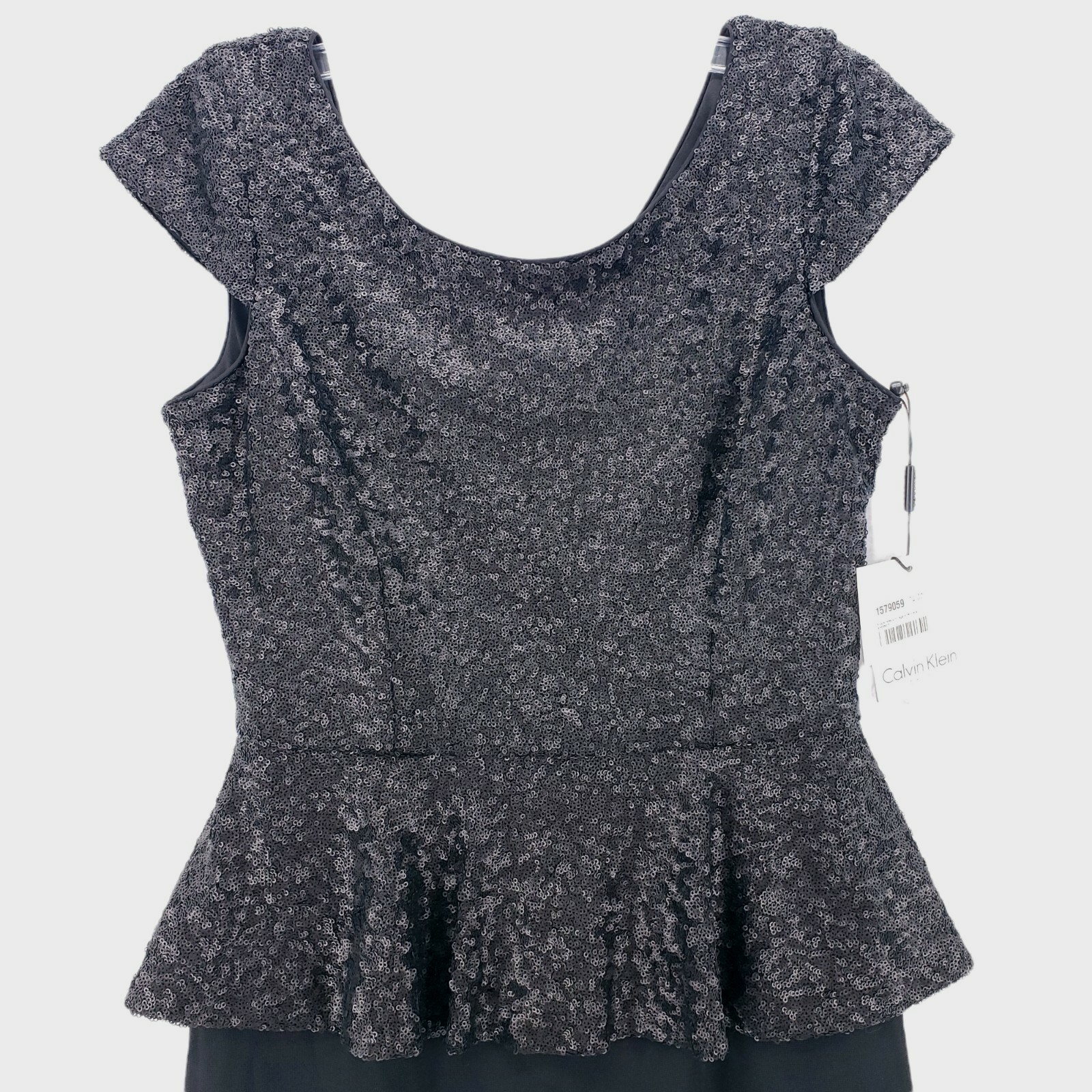 NWT Calvin Klein Sequin Peplum Evening Sheath Dress Knee Length Black Size 4 thumbnail 3