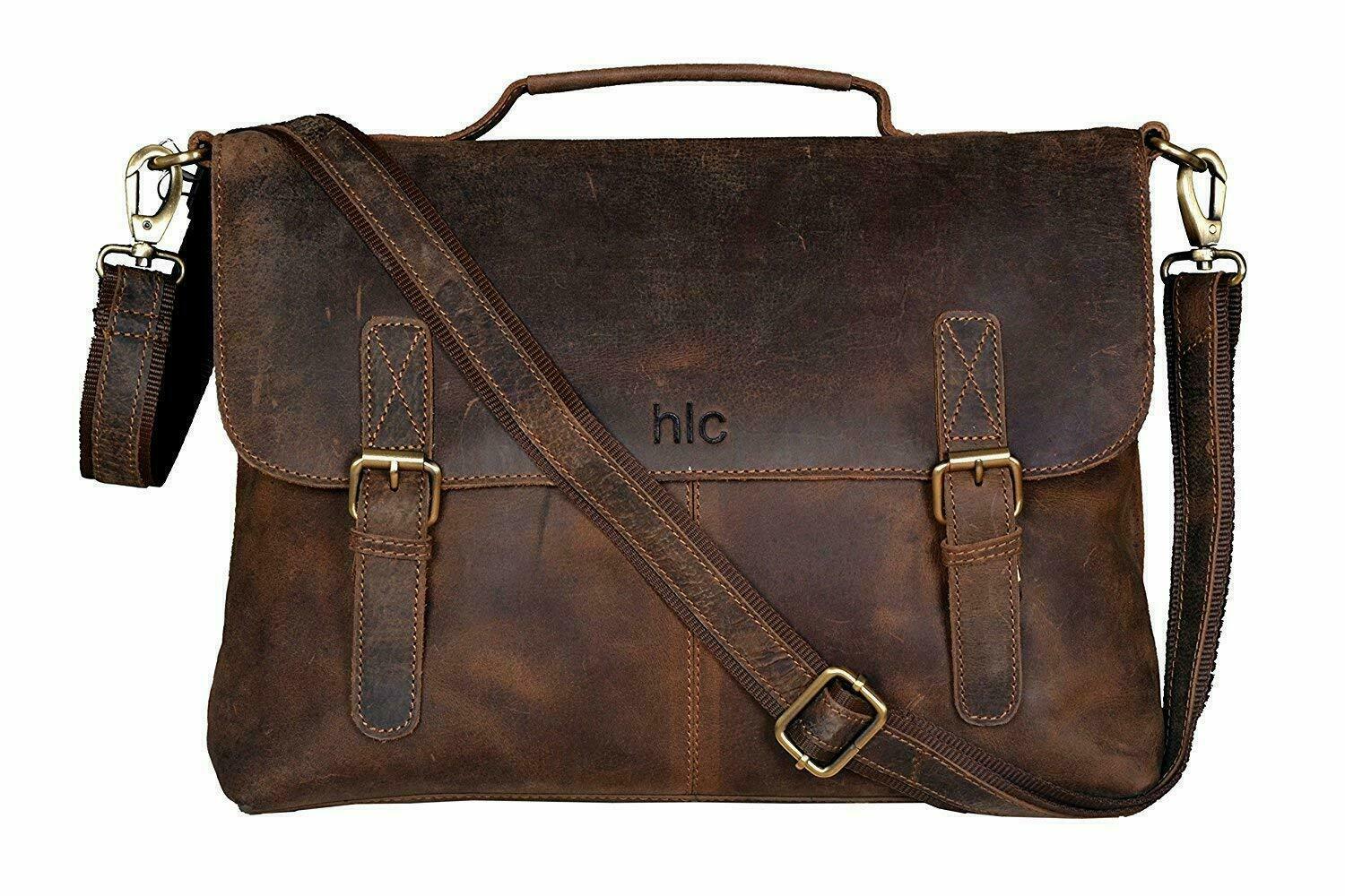 16 Inch Retro Buffalo Hunter Leather Laptop Messenger Bag Office Briefcase Men