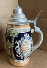 German Beer Stein Pewter Top DGBM marked. 7 3/4” tall. West Germany