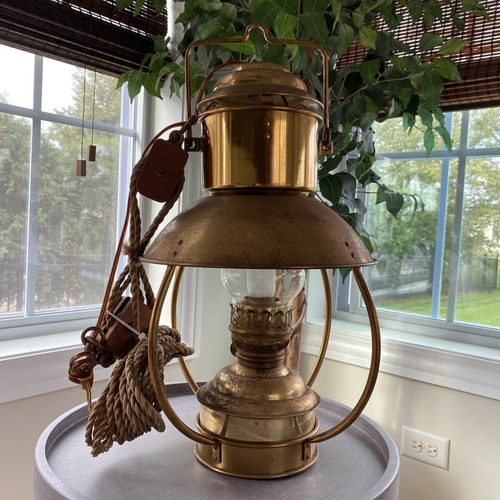 Vintage Ideal Brenner 20 Brass Nautical Hanging Oil Lamp Converted To