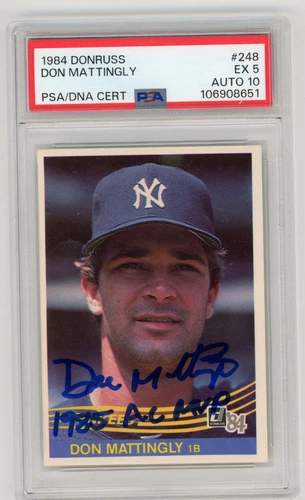 Yankees Don Mattingly signed 1984 Donruss RC w/ 1985 AL MVP PSA 5 w/ 10 Auto