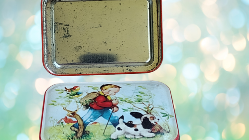 Tin Toffee Thornes Boy Hiking w/ Dog Storage Leeds England 5.5" x 4.25" - 1950's - Picture 10 of 12