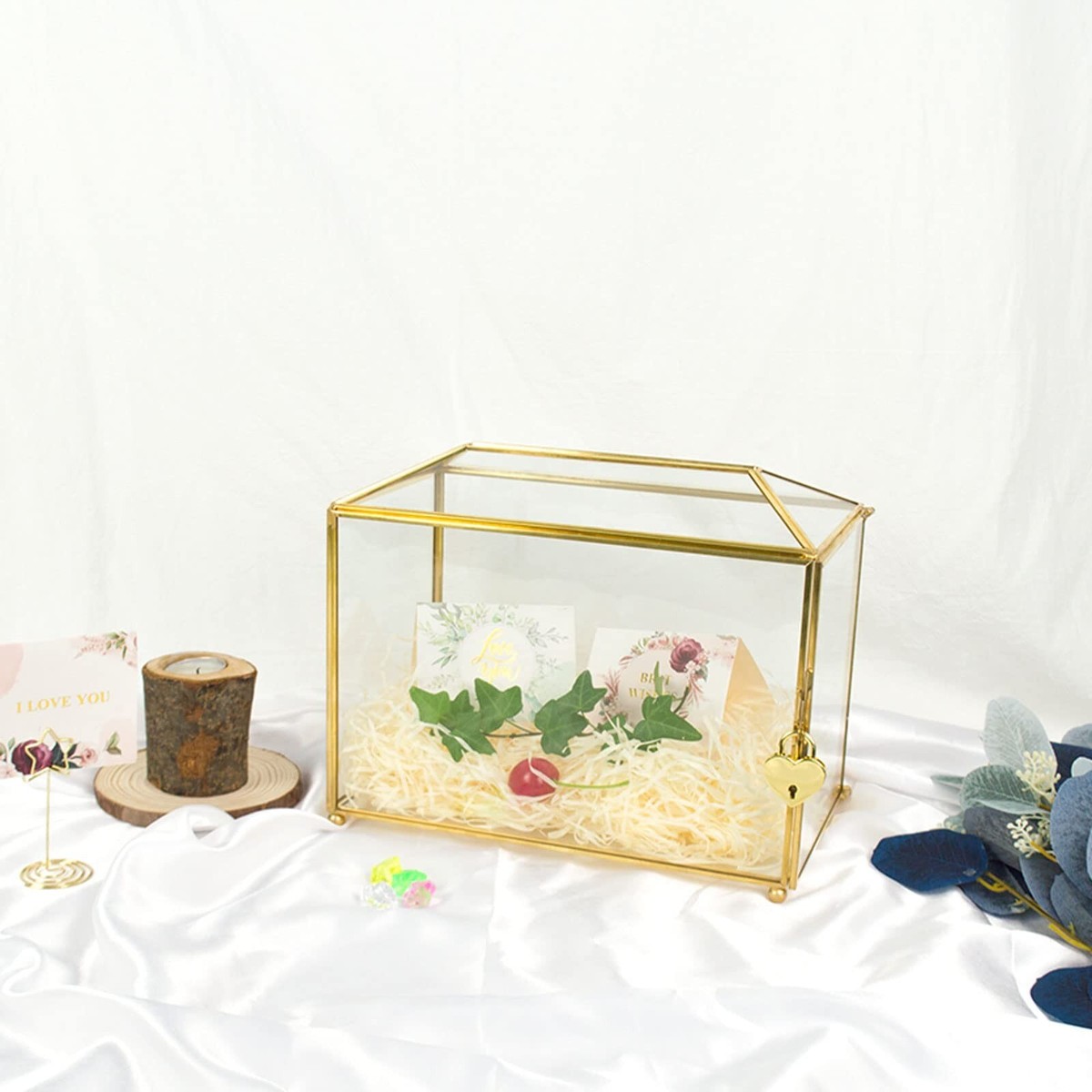Wedding Gold Glass Card Box with Lock and Slot - Wedding Envelope