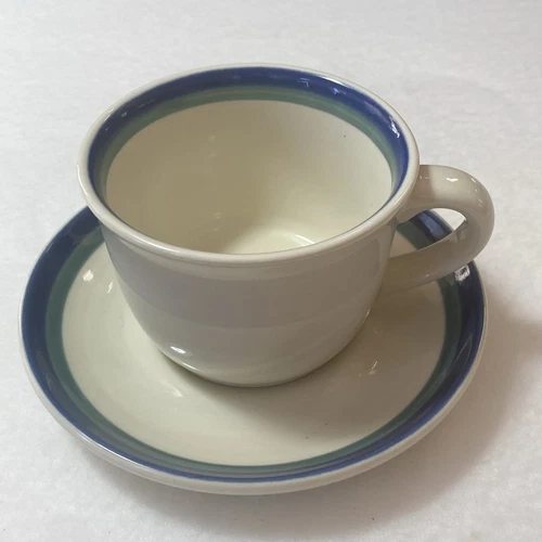 Pfaltzgraff Northwinds Coffee Tea Cup Blue Green Stripe Mug 6” Saucer USA 8 oz