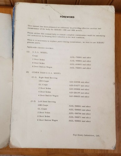 1972 Subaru 1300, 1400 Service Shop Repair Manual Body Section - Imagen 2 de 3