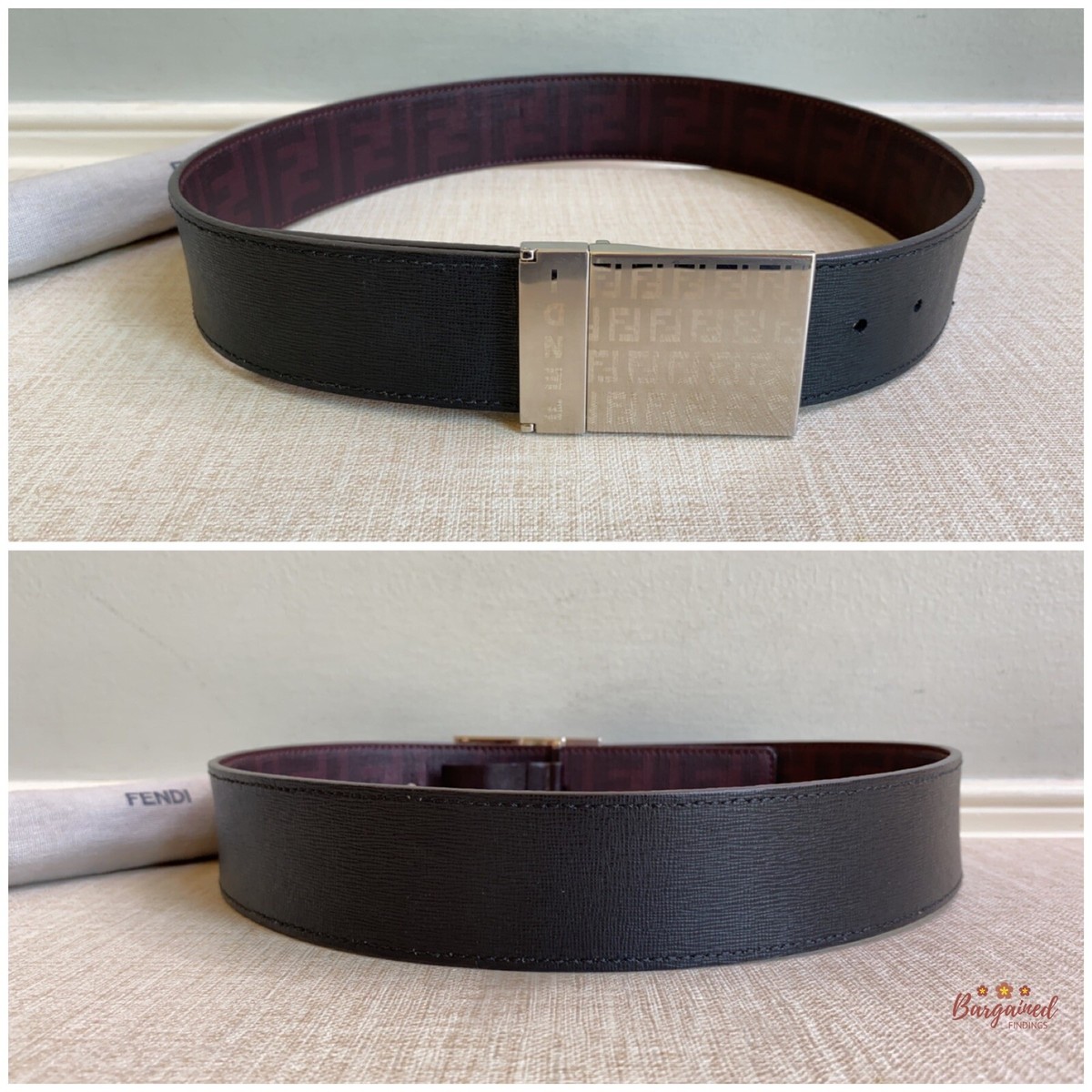 Authentic Fendi Dark Red/Brown Signature FF Reversible Buckle Belt