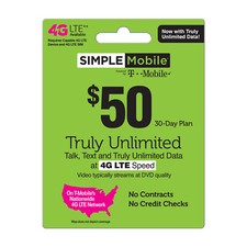 Simple Mobile 50/Month Refill Pin,Unlimited Talk, Text,  Data 