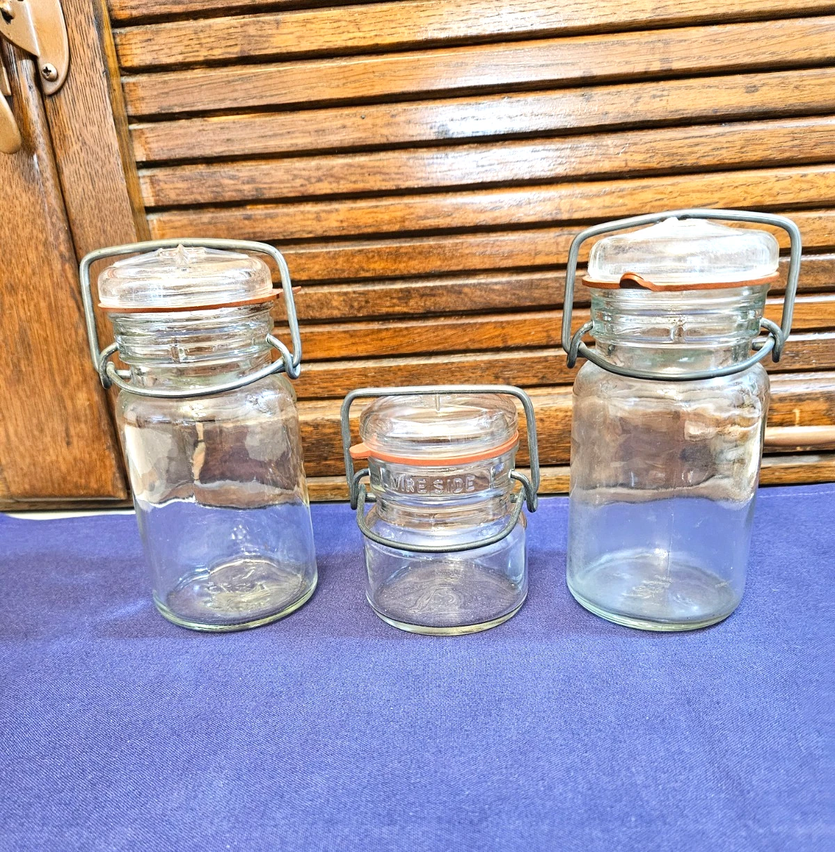 3 (Three) Vintage Bale Wire Hinged Lid Glass Jars Original Seals 2 5" and 1 3.5"