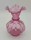 Fenton Glass Cranberry Melon Diamond Optic Ruffled Top Vase Height 6"