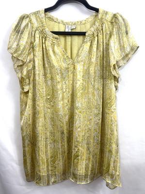 Joie Yellow Paisley Sheer Overlay Top Womens Size XL Lined Metallic