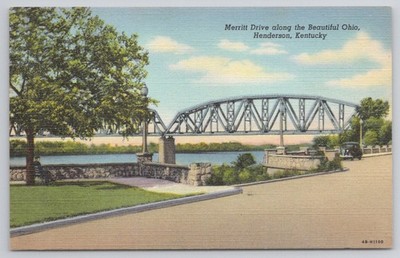 Merritt Drive Ohio River Bridge Henderson Kentucky Vintage Linen Postcard
