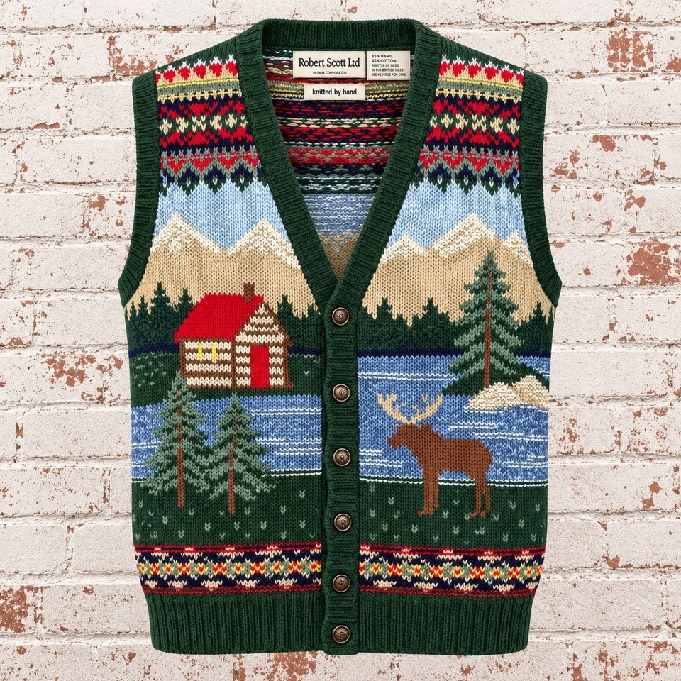 Vintage Novelty Sweater Vest Small Cottagecore Cabin Moose Hand Knit Chunky