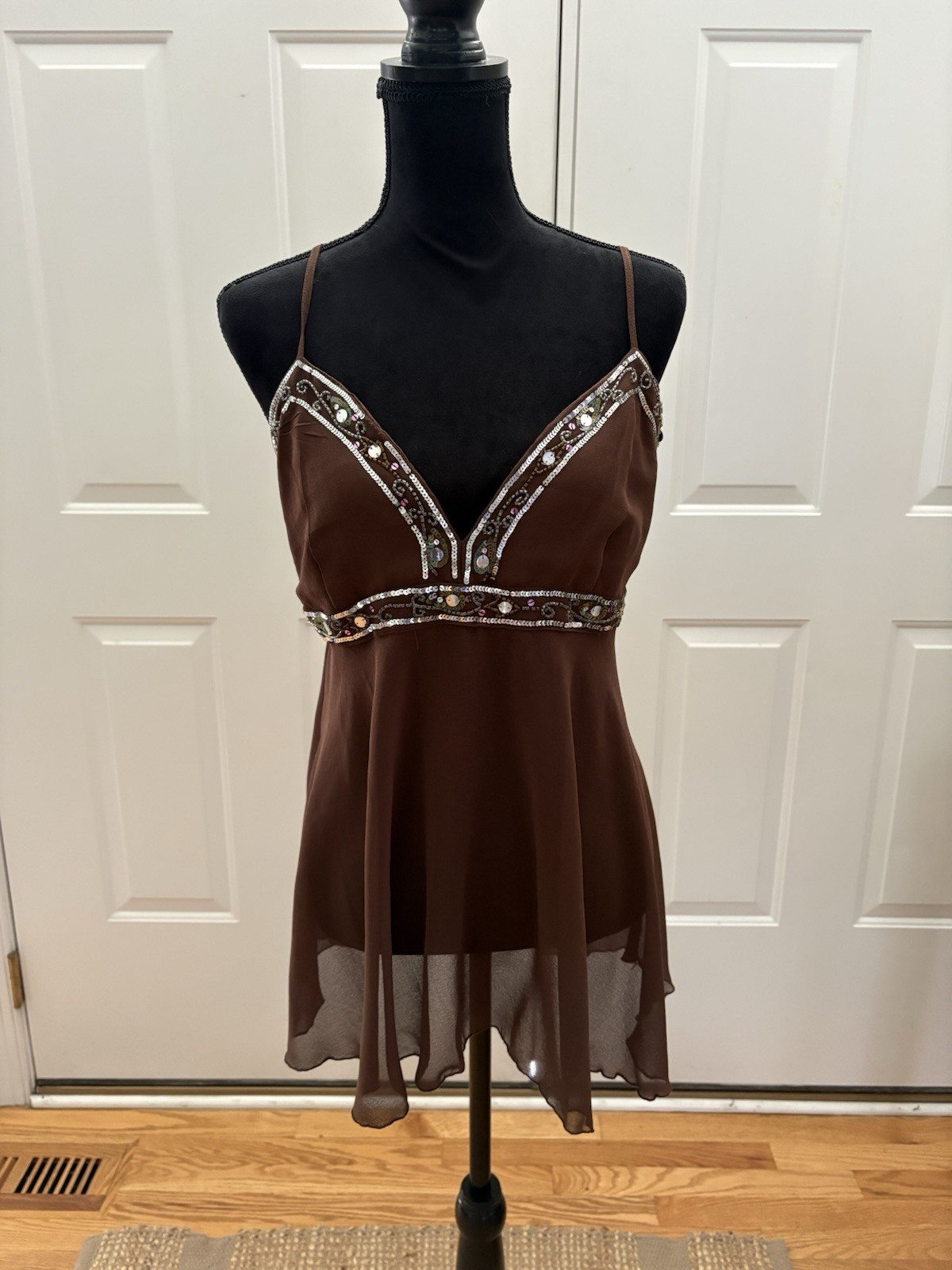 NWT Y2K Beaded Sequin Sheer Brown Boho Babydoll Top LG Embellished Fairy Glam