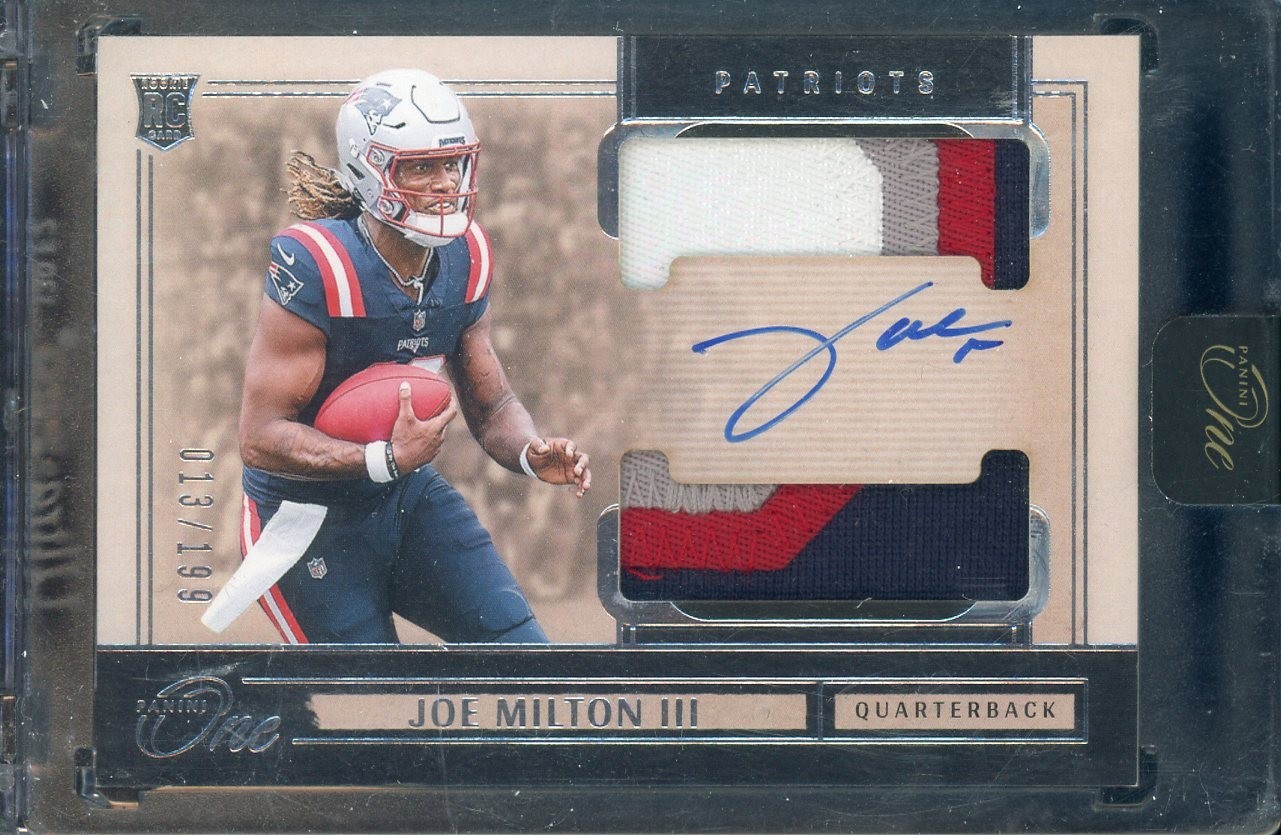 2024 Panini One #5 Joe Milton III ROOKIE Dual PATCH AUTO /199 RC RPA Patriots
