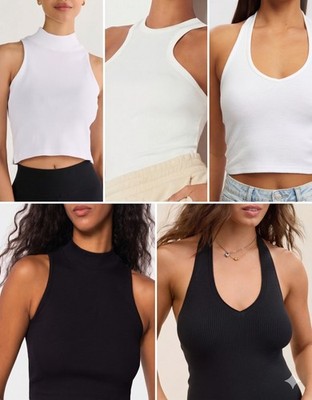 Damen Frauen Tshirt Crop Top Tee Trägershirt Taillenbund Aktiv Sport Tank Racer Top