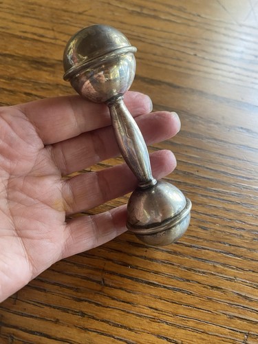 Vintage Silver Plate Barbell Infant Baby Rattle Approx 4"