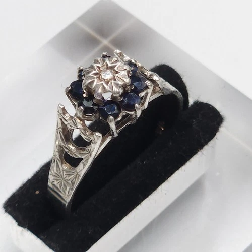 Vintage 1981 Silver Sapphire & CZ Cluster Ring - Size T 1/2 - Hallmarked 2.75g